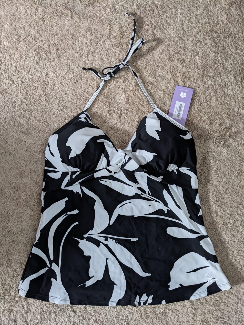 Black & White Floral Halter Tankini Top